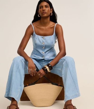 Pantalón Wide Leg Cintura Alta en Jeans con Frisos 5