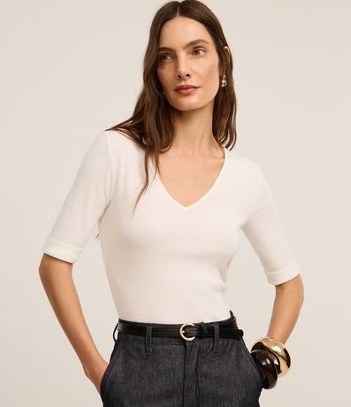 Blusa en Rib con Escote V y Manga Dobrada 1