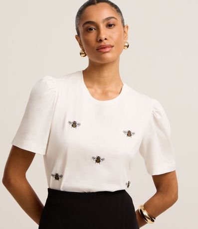 Blusa en Algodón con Manga Abullonada y Abejas Bordadas 1