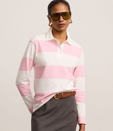 Blusa en Algodón con Cuello Polo y Rayas Largas