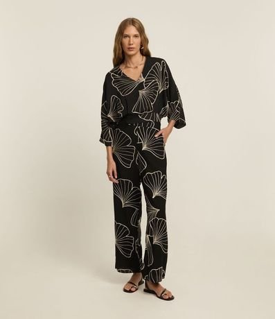 Pantalón Wide Leg en Viscosa con Bordado Follaje