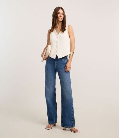 Pantalón Recto Comfort Cintura Alta en Jeans con Bolsillos