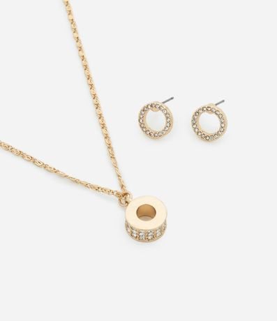 Conjunto de Collar Corto con Dije con Incrustaciones y Aros Tipo Botón con Incrustaciones