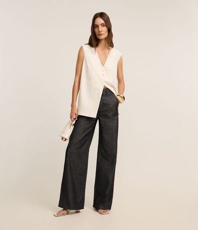 Pantalón Wide Leg Cintura Alta en Jeans con Cintura Sastre
