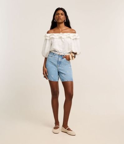 Short Cintura Alta en Jeans con Bordado Floral 2