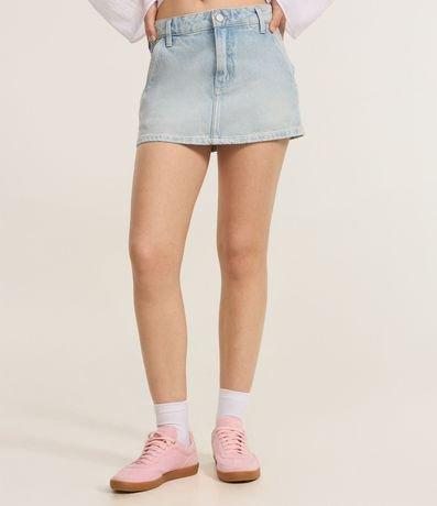 Pollera Mini en Jeans con Bolsillo Cuchillo y Bordado de Lazo 3