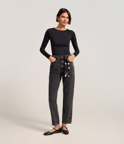 Pantalón Mom en Jeans con Pañuelo de Lunares