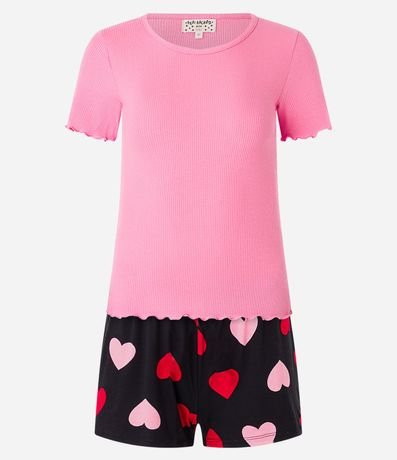 Pijama Short Doll con Blusa de Rib y Short Estampado de Corazones 4