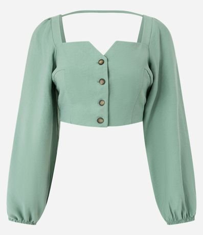 Blusa Cropped Sastrería con Mangas Abullonadas y Botones Matizados 7