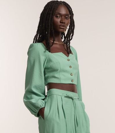 Blusa Cropped Sastrería con Mangas Abullonadas y Botones Matizados 1