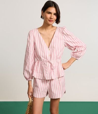Blusa en Tricolina Rayada con Manga 3/4 Abullonada 4