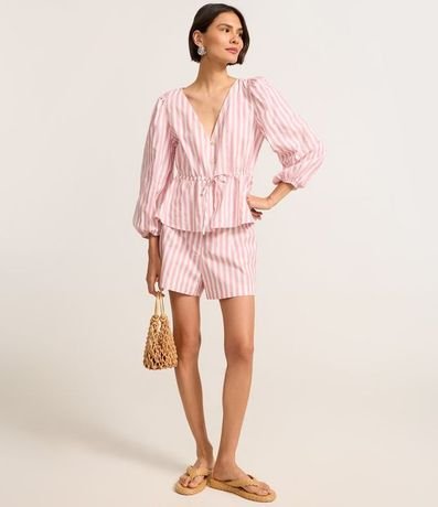 Blusa en Tricolina Rayada con Manga 3/4 Abullonada 2