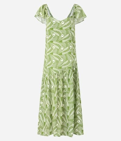 Vestido Largo en Chalis con Estampa de Tucanes Grandes y Volado Asimétrico