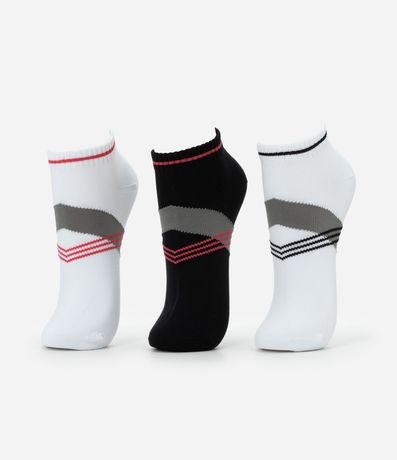 Kit 03 Medias Caña Corta Deportivas en Poliamida con Estampa de Rayas