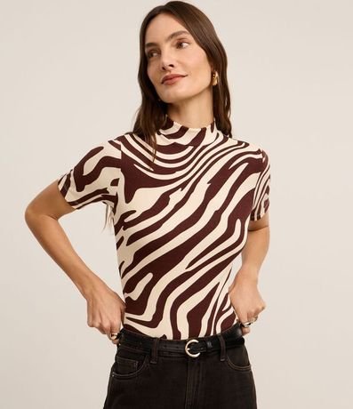 Blusa en Rib con Cuello Alto y Estampa Zebra