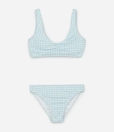 Bikini Infantil en Microfibra con Estampa de Cuadros Vichy y Fruncidoss - Talle 8 a 16 años
