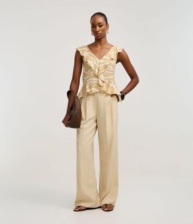 Pantalón Wide Leg Sastrería en Crepé con Pliegues y Frisos