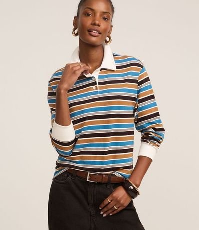 Blusa en Viscosa con Cuello Polo con Rayas Variadas