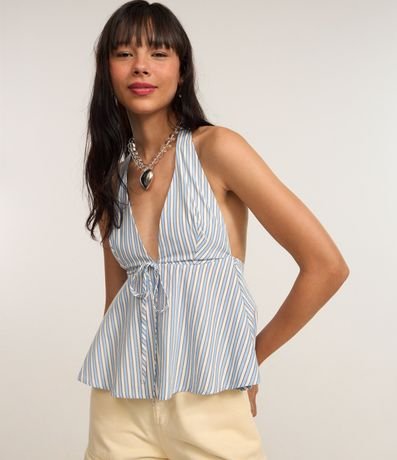 Blusa Peplum Frente única en Tricolina Listrado con Moña 2