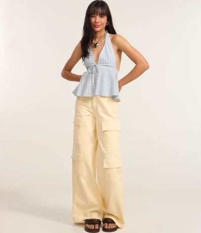 Blusa Peplum Frente única en Tricolina Listrado con Moña 3