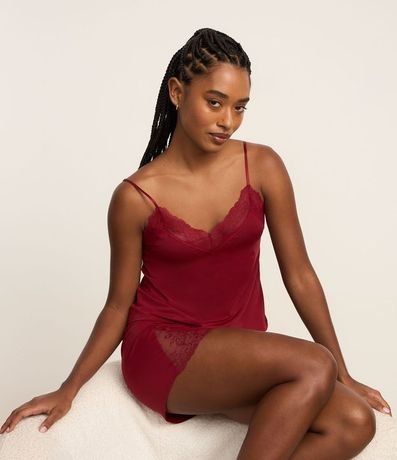 Pijama Short Doll Bretel Fino en Poliamida con Detalles en Encaje