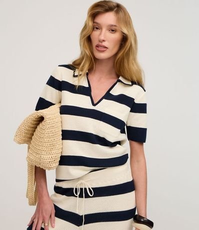 Blusa Rayada en Punto con Cuello Polo y Bolsillo 3