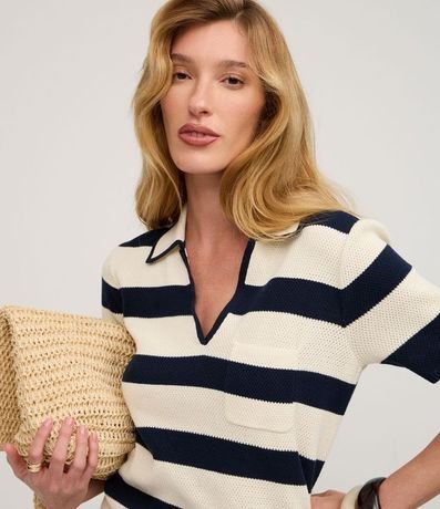 Blusa Rayada en Punto con Cuello Polo y Bolsillo 5
