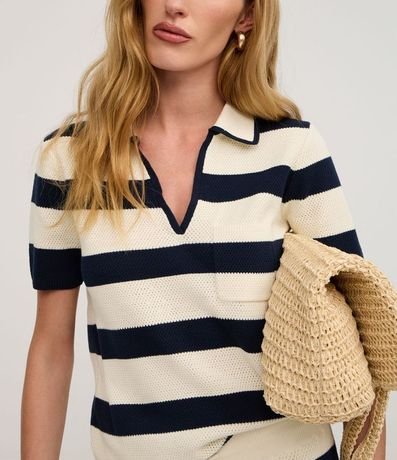 Blusa Rayada en Punto con Cuello Polo y Bolsillo 6