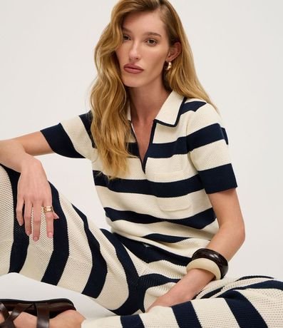 Blusa Rayada en Punto con Cuello Polo y Bolsillo 7