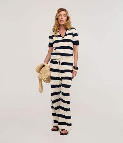 Pantalón Recto Rayada en Punto con Elástico y Lazo en la Cintura