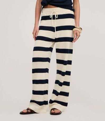 Pantalón Recto Rayada en Punto con Elástico y Lazo en la Cintura 3