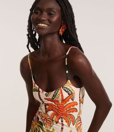 Vestido Midi con Fruncido en el Busto y Estampa Tropical