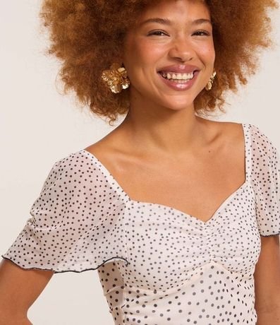 Blusa Cropped en Tule de Lunares con Manga Abullonada Frufru