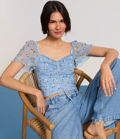 Blusa Cropped en Tule con Manga Sueltecita y Estampa Floral 5