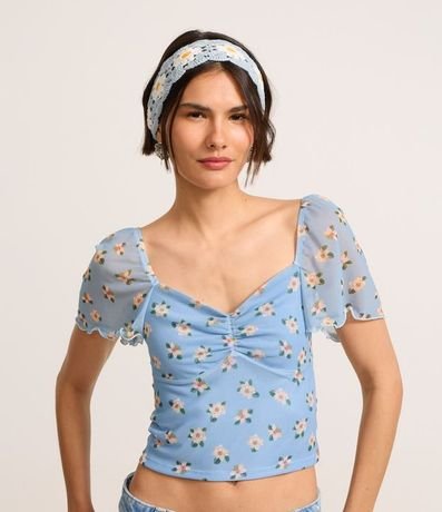 Blusa Cropped en Tule con Manga Sueltecita y Estampa Floral