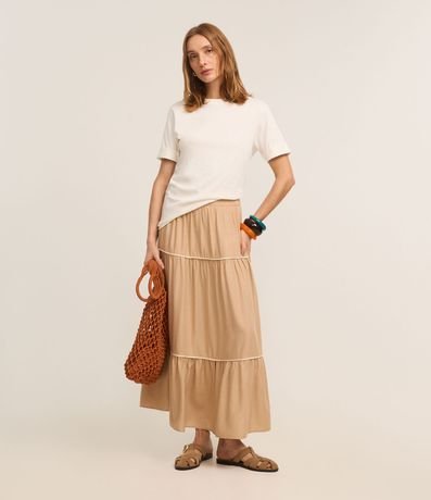 Pollera Evasê en Viscolino con Bies Contrastante Fruncido