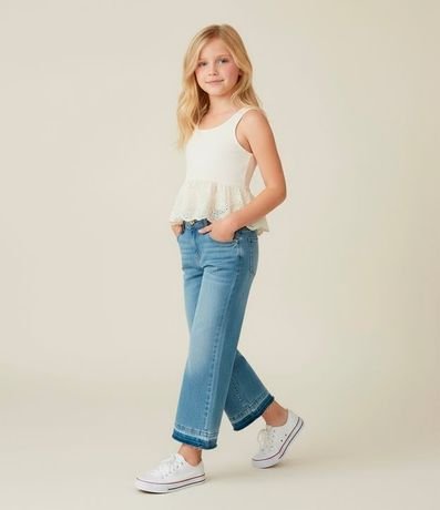 Pantalón Wide Infantil en Jeans con Terminación Deshilachada - Talle 5 a 14 años