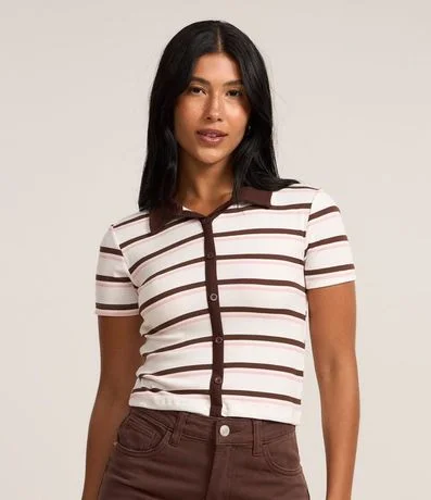 Blusa Polo en Rib con Abotonado Delantero y Rayas Contrastantes
