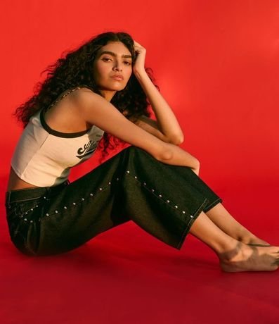 Pantalón Loose Cintura Baixa en Jeans con Tachas