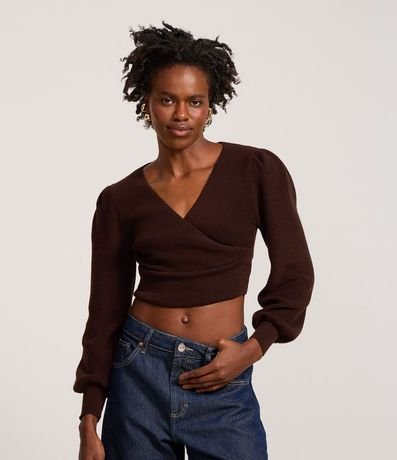 Blusa Cropped en Malla Texturizada con Manga Larga Abullonada 1