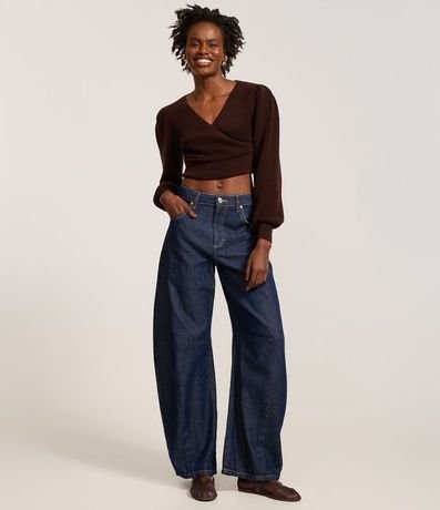 Blusa Cropped en Malla Texturizada con Manga Larga Abullonada 2