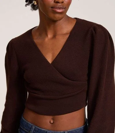 Blusa Cropped en Malla Texturizada con Manga Larga Abullonada 3