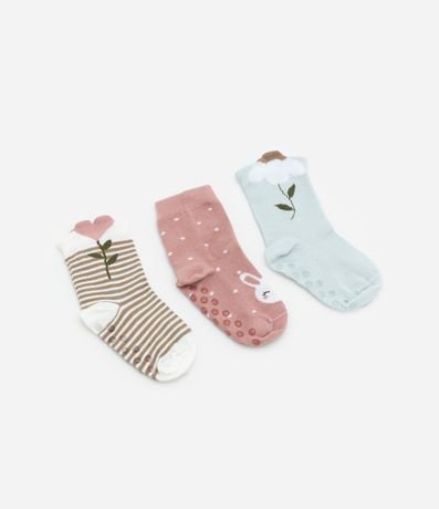 Kit 03 Medias Infantiles con Estampa Animalito y Flores - Talle 0 a 12 meses 1