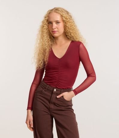 Body en Tule con Fruncido Delantero y Manga Transparente