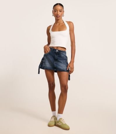 Pollera Corta en Jeans Efecto Mármol con Bolsillo Cargo Hebilla