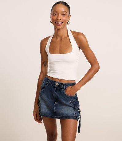 Pollera Corta en Jeans Efecto Mármol con Bolsillo Cargo Hebilla 2