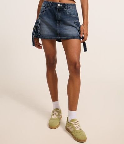 Pollera Corta en Jeans Efecto Mármol con Bolsillo Cargo Hebilla 3