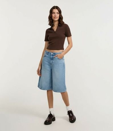 Blusa en Rib con Cuello Polo y Manga Corta