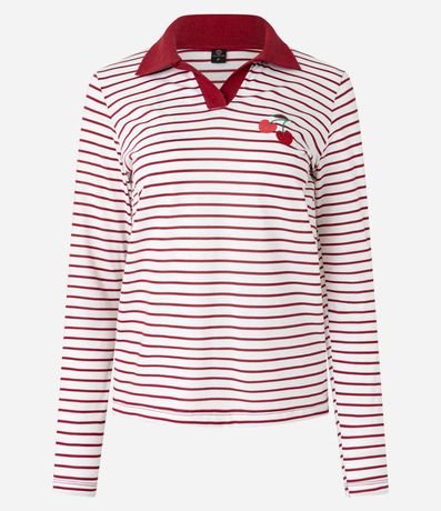 Blusa Rayada en Algodón con Cuello Polo y Bordado Cereza 5
