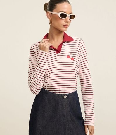 Blusa Rayada en Algodón con Cuello Polo y Bordado Cereza 2